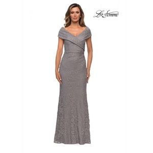 La Femme Gray Off-Shoulder Lace Mother Of Bride/Groom Dress